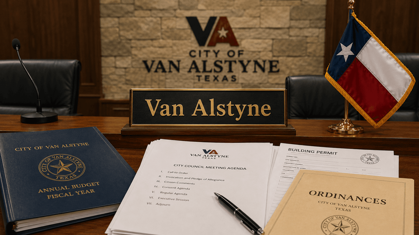 Van Alstyne Texas reviews permits, bills, and city agenda items - Illustration Jake Team LLC