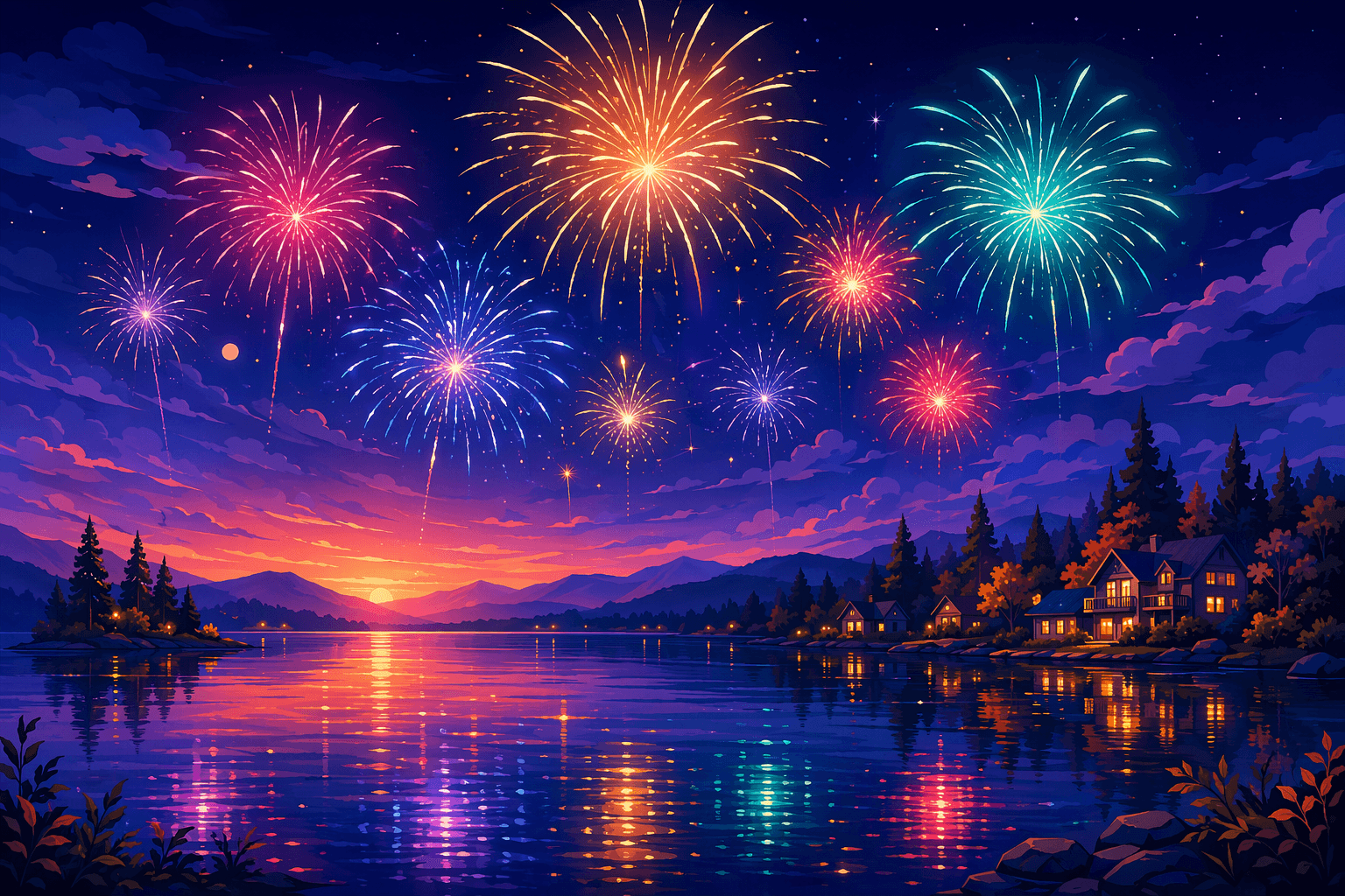 Fireworks over lake - illustration, Jake Team LLC