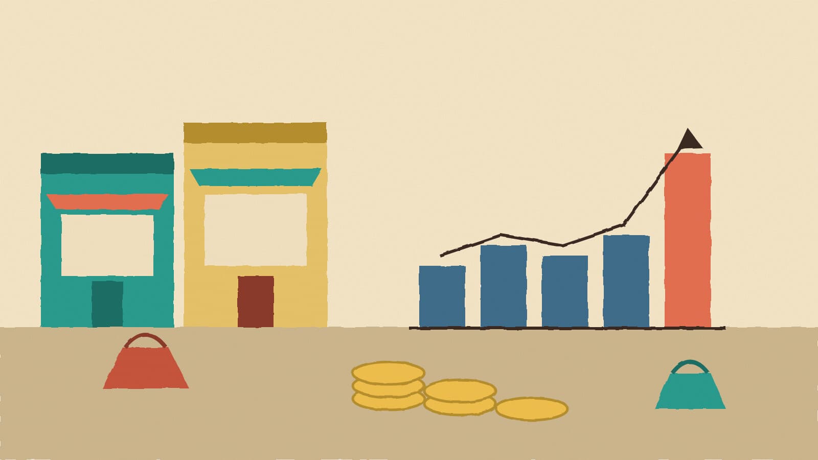 Storefronts and rising bars - illustration, Jake Team LLC