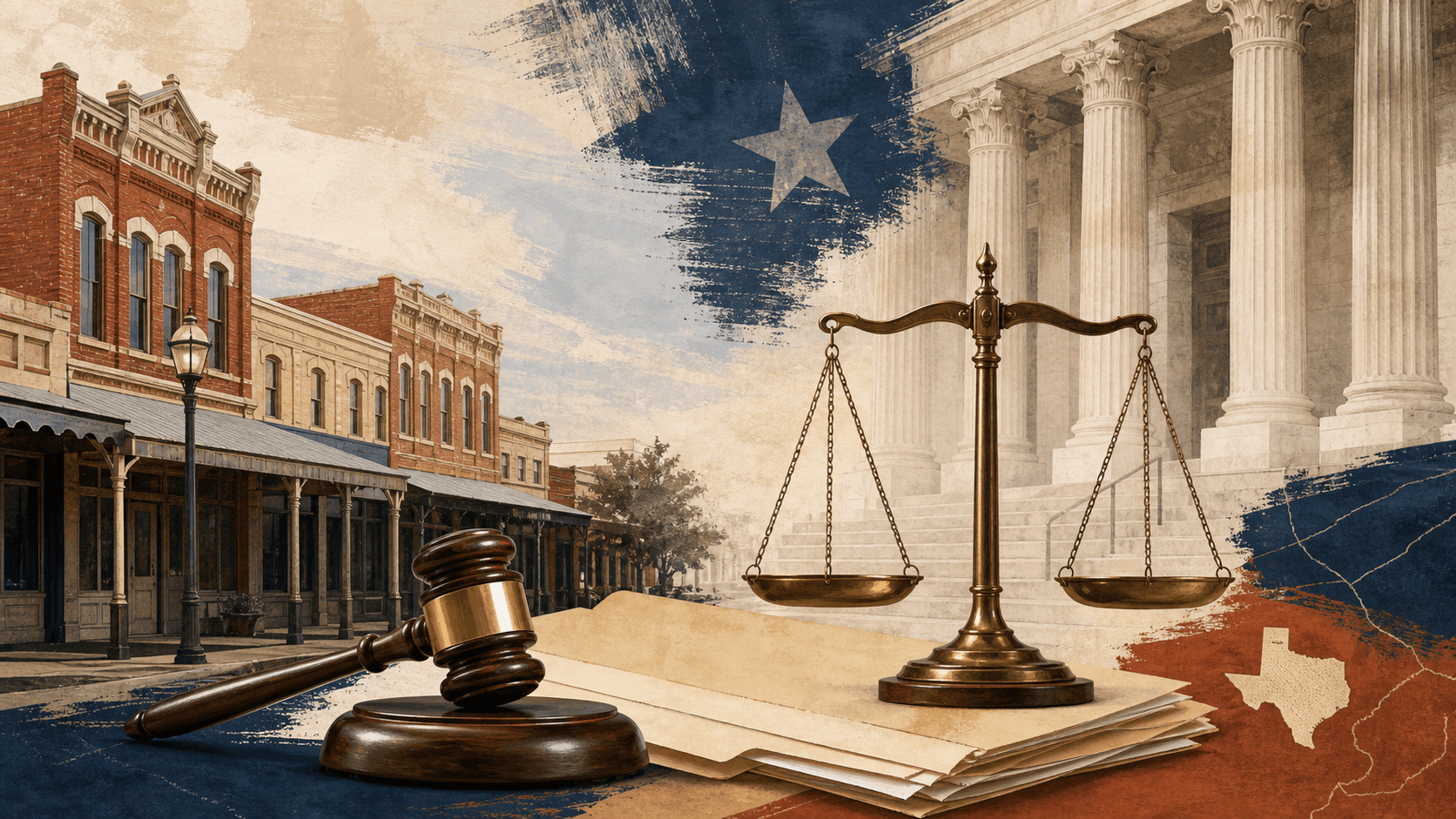 Historic downtown Texas justice illustration with brick storefronts, courthouse columns and scales.