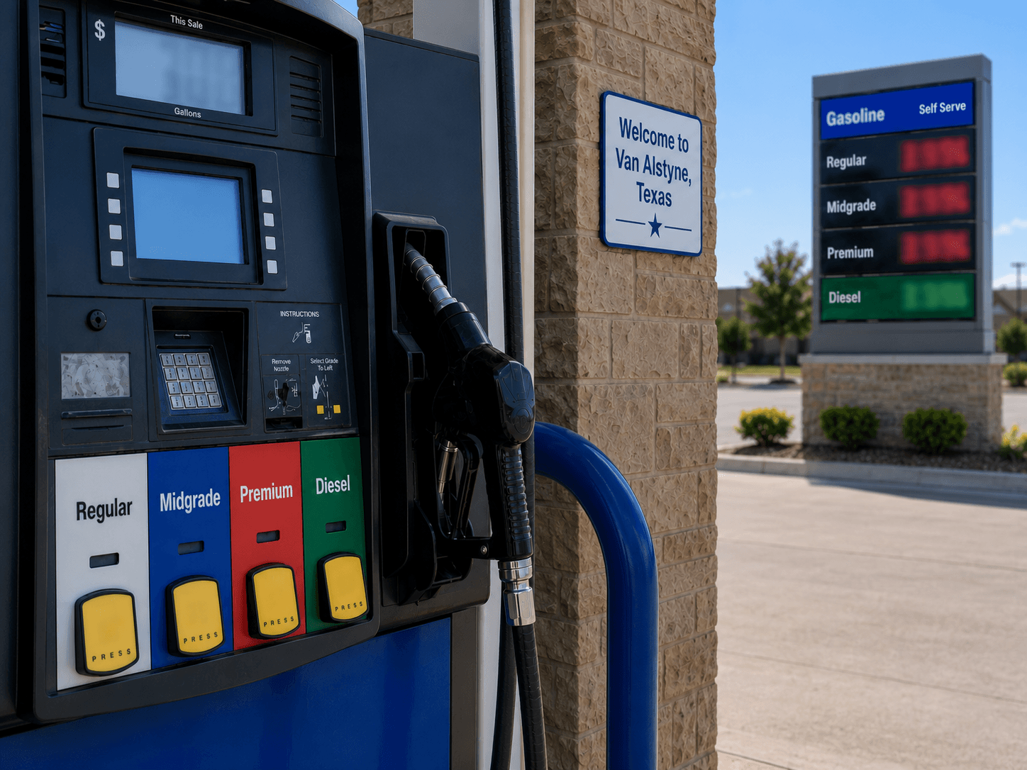 Gas prices at the pump in Van Alstyne Texas - Illustration Jake Team LLC