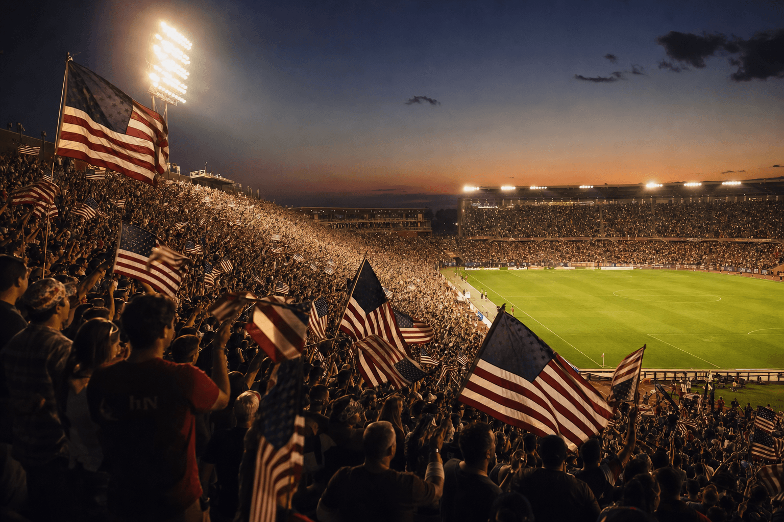 American soccer fans waving flags in a packed stadium at dusk, illustrative editorial photo for 2026 FIFA World Cup coverage