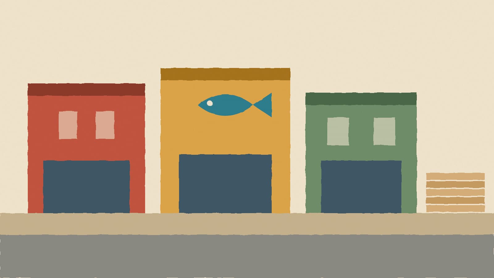 Small-town storefronts and a fish sign - illustration, Jake Team LLC