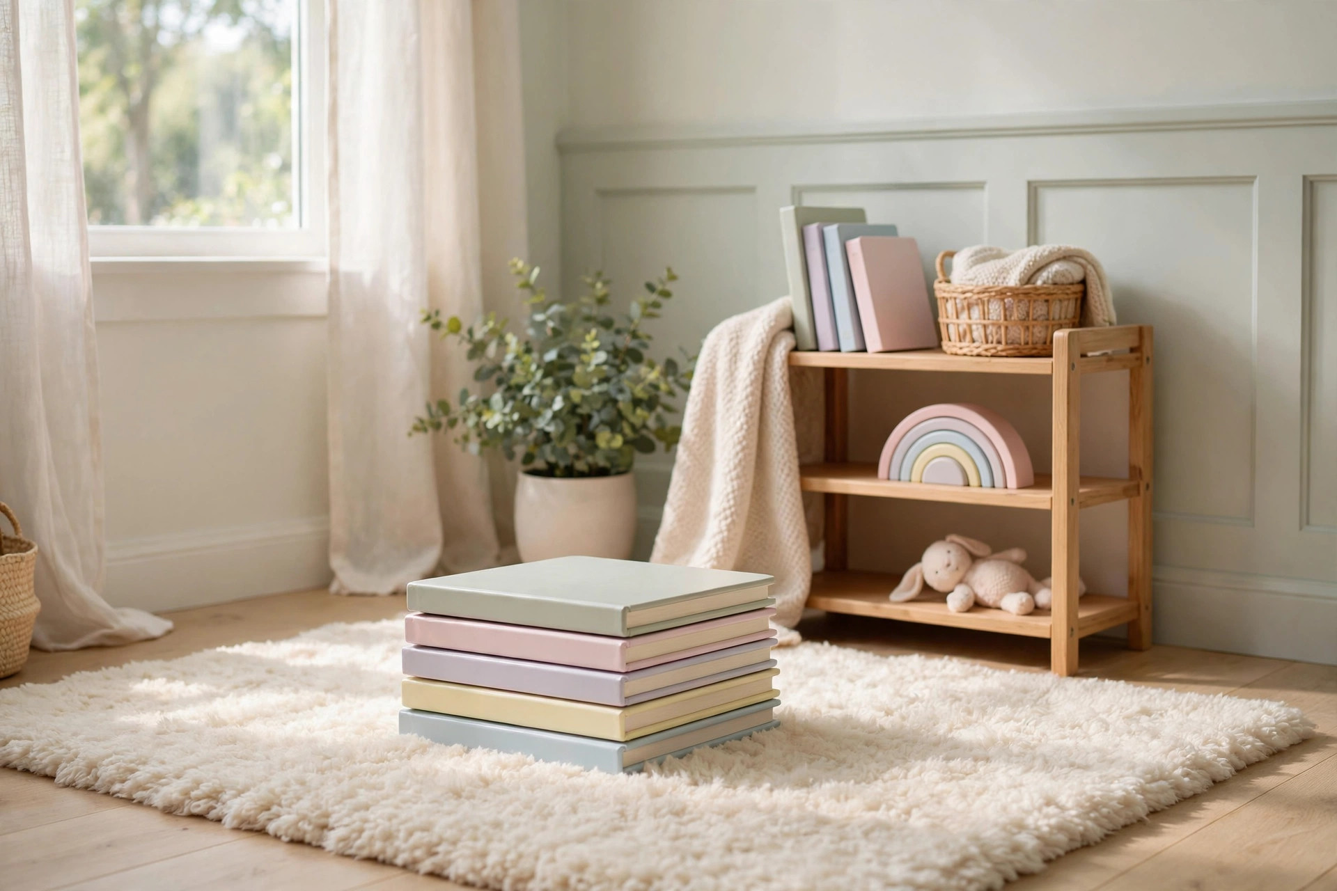Pastel nursery corner with baby books on a plush rug - illustration