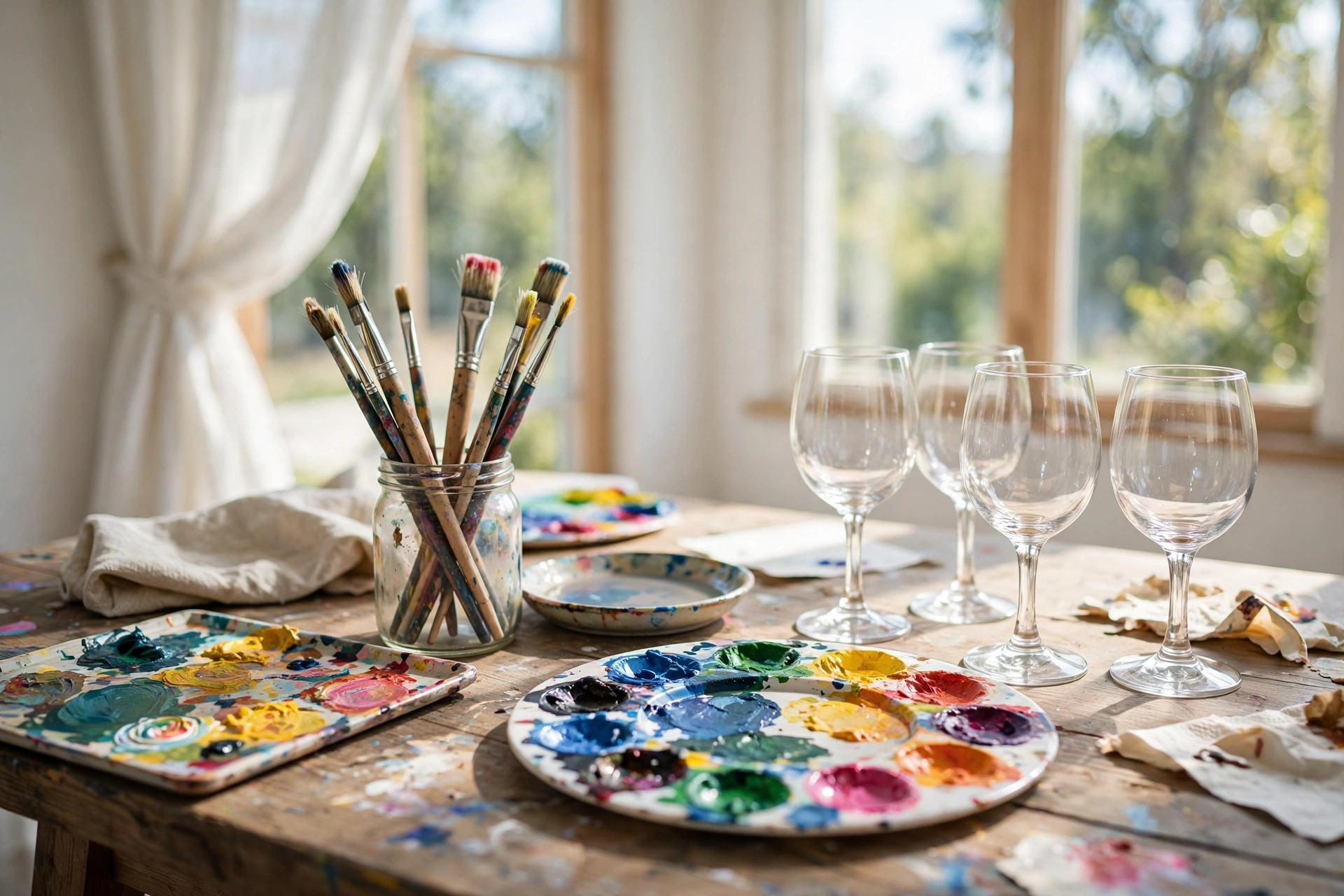 Art workshop table with paint brushes and blank wine glasses - illustration