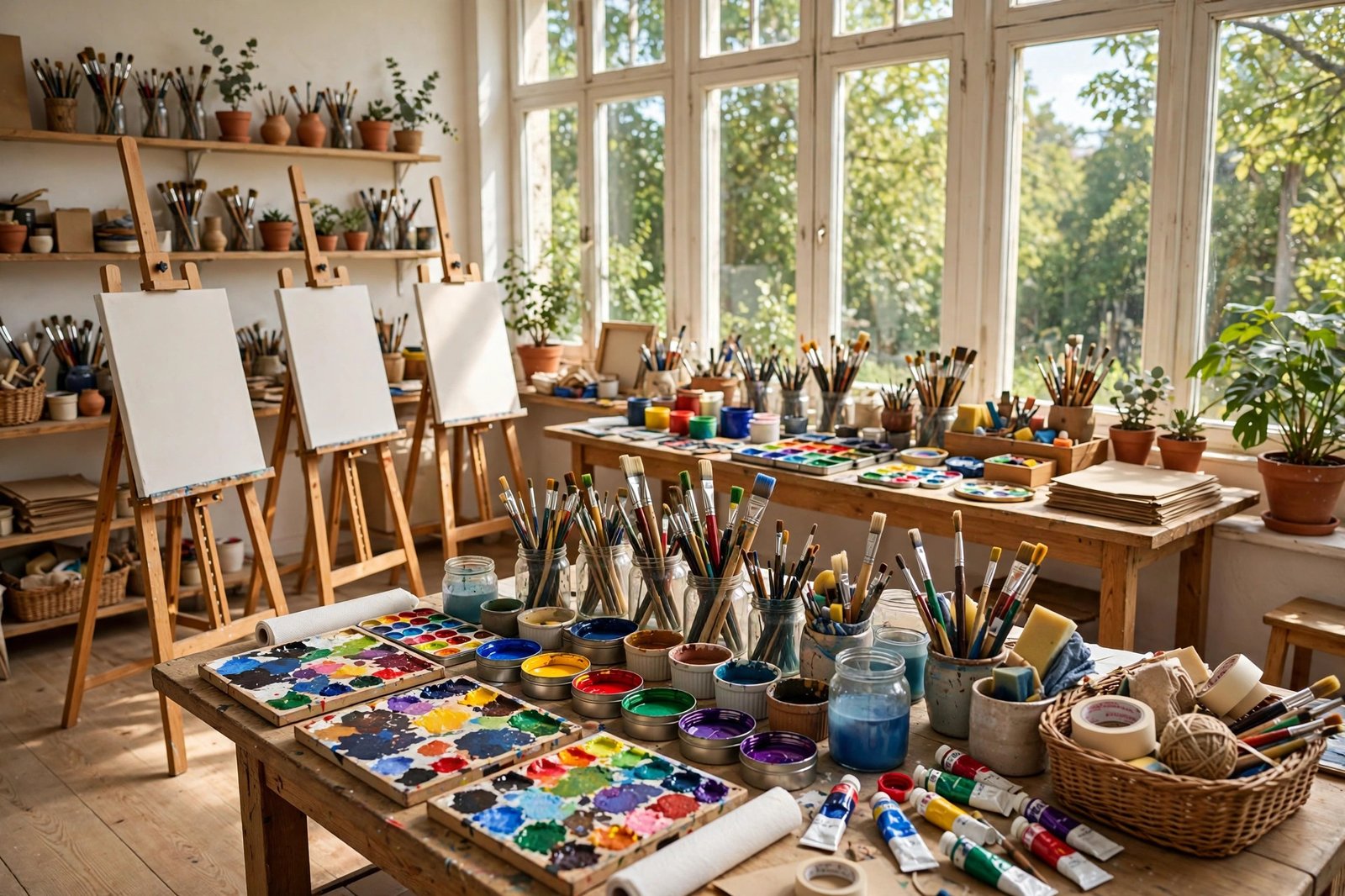 Bright community art studio with easels and art supplies - illustration