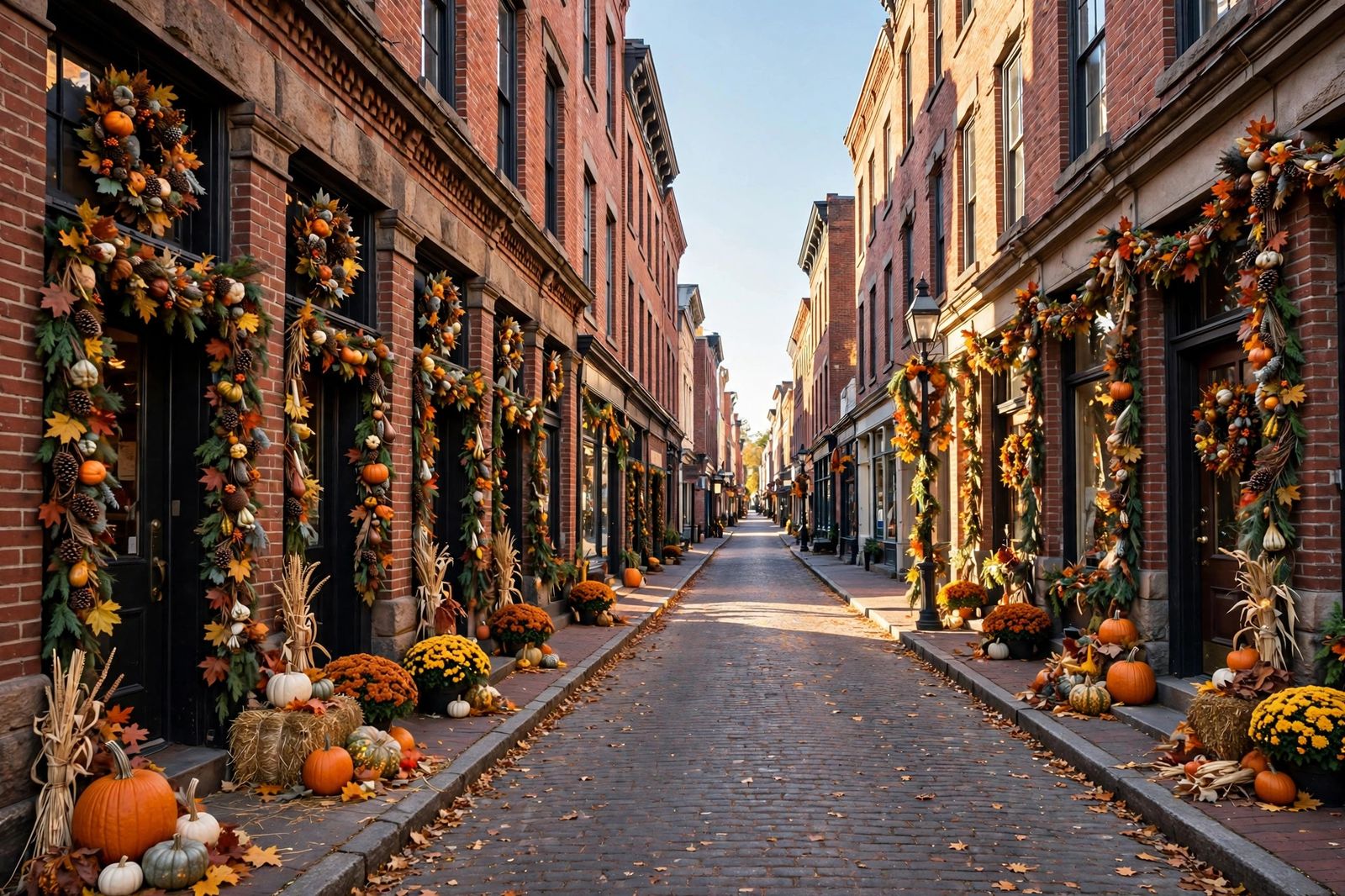 Historic downtown street decorated for Halloween in late afternoon - illustration