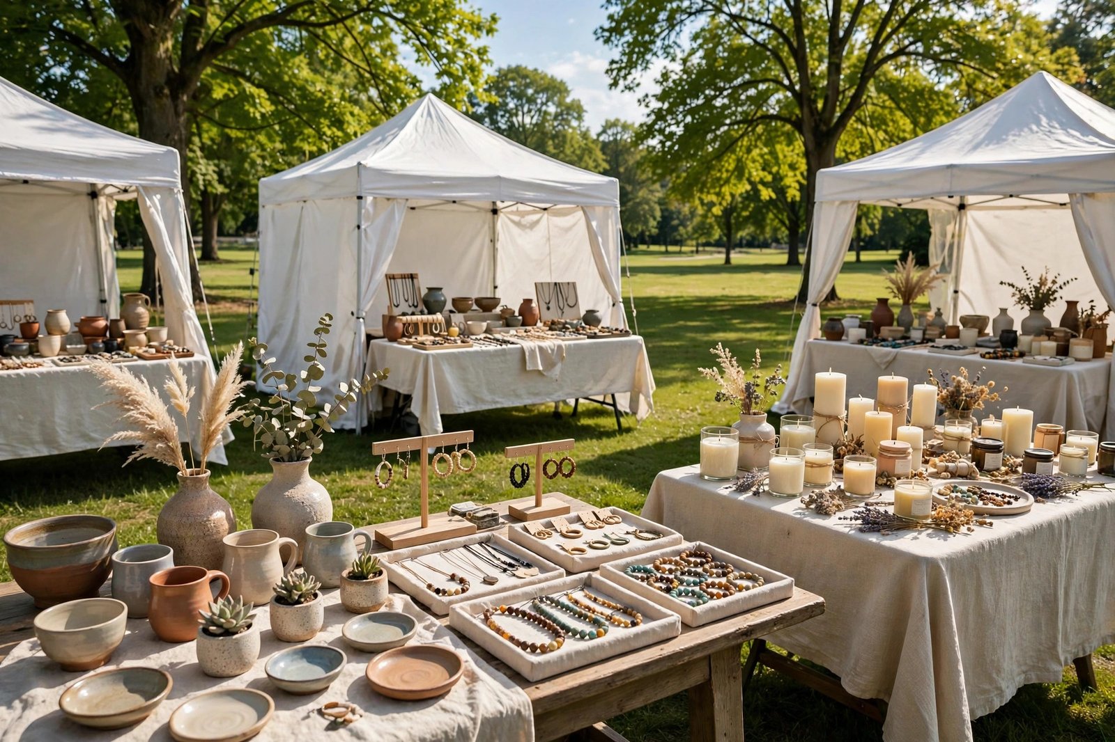 Outdoor craft market with white tents in a sunny park - illustration